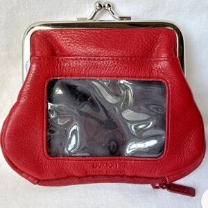 Buxton Coin Purse Wallet Red Leather Kiss Lock + Zipper Pocket + ID window